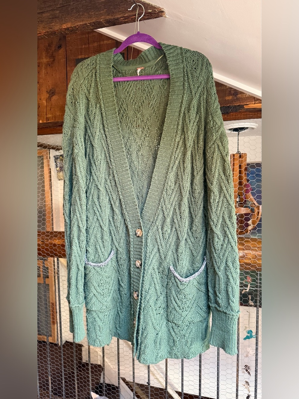 Free People Green Cable-Knit Button Cardigan